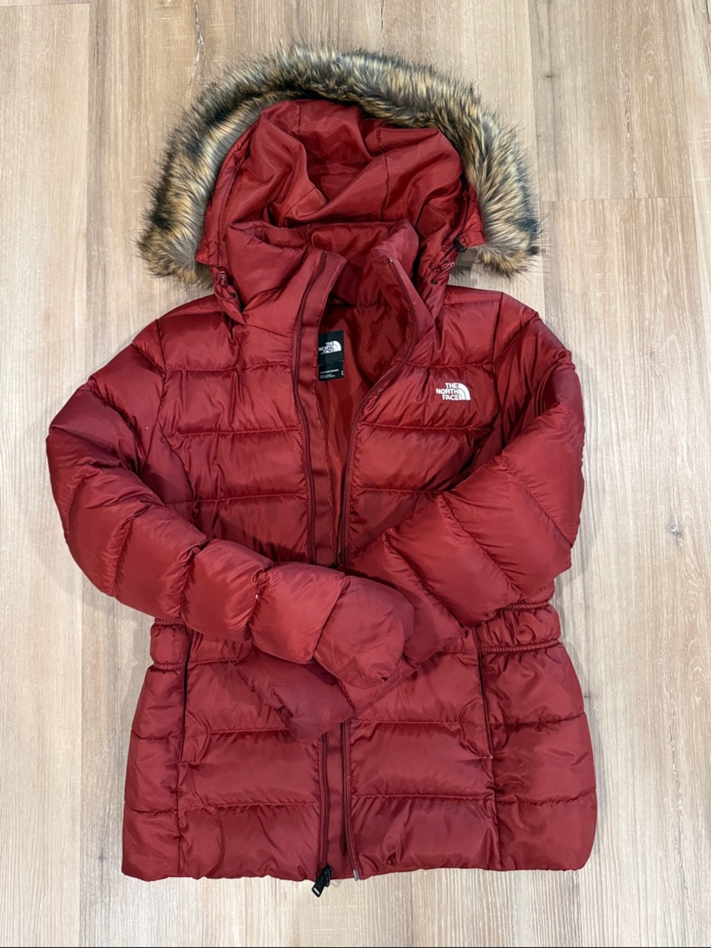 The North Face Women's Red Quilted Puffer Jacket with Faux Fur Trim Hood